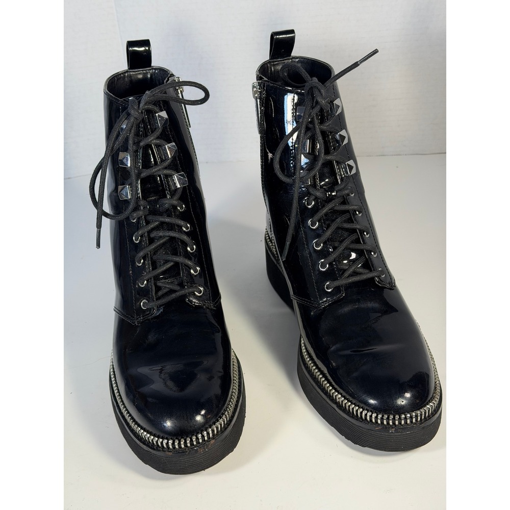 Michael Kors Black Patent Leather Studded Zipper Trim Combat Boots Size 8.5M